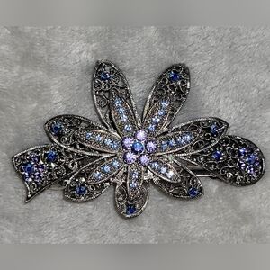 Vintage Filigree Silver Crystal Rhinestone Flower Barrette Hair Clip Blue Purple